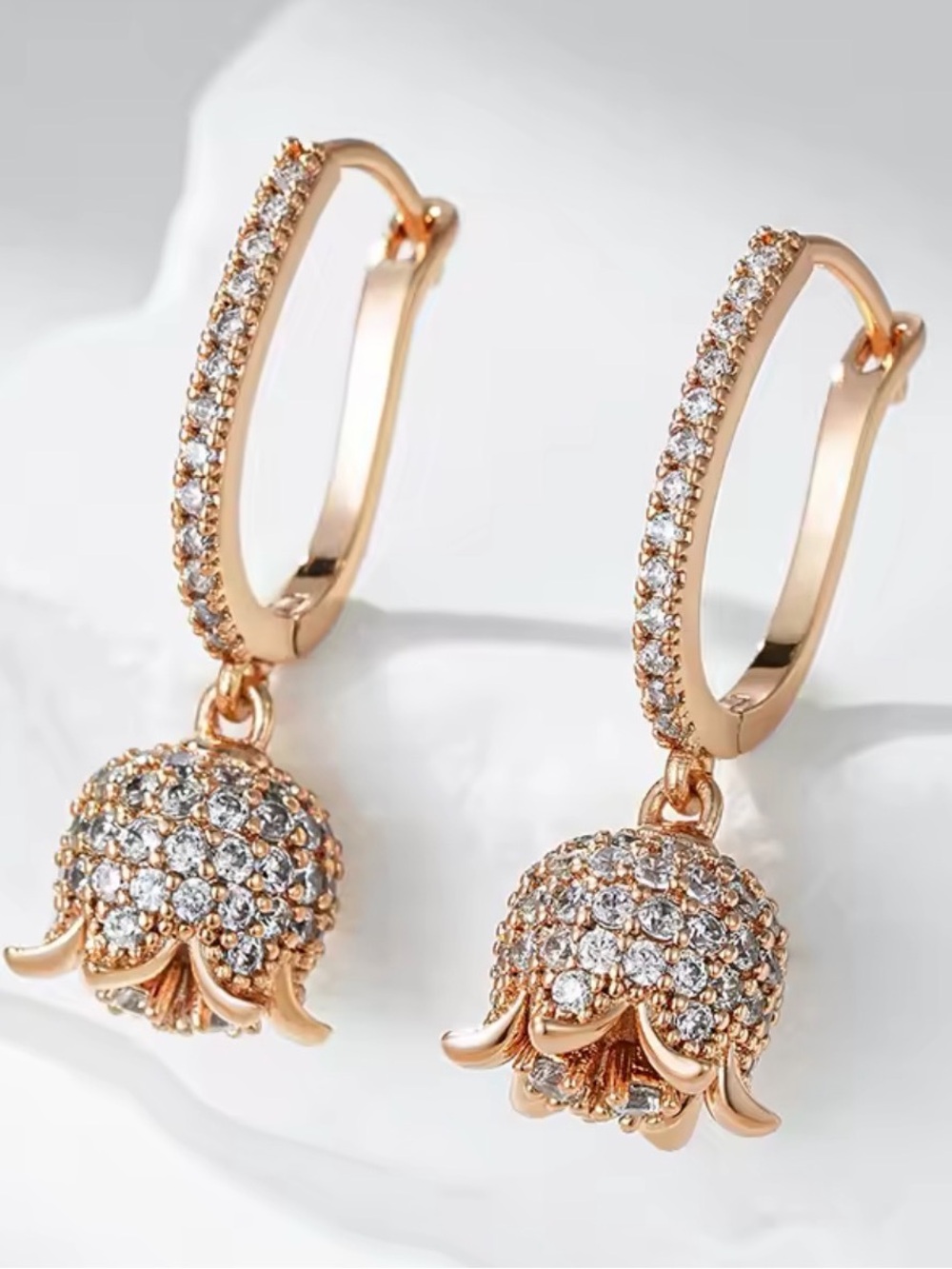 Rose Gold tone Pavé Hoop Earrings with Crystal Flower Drops